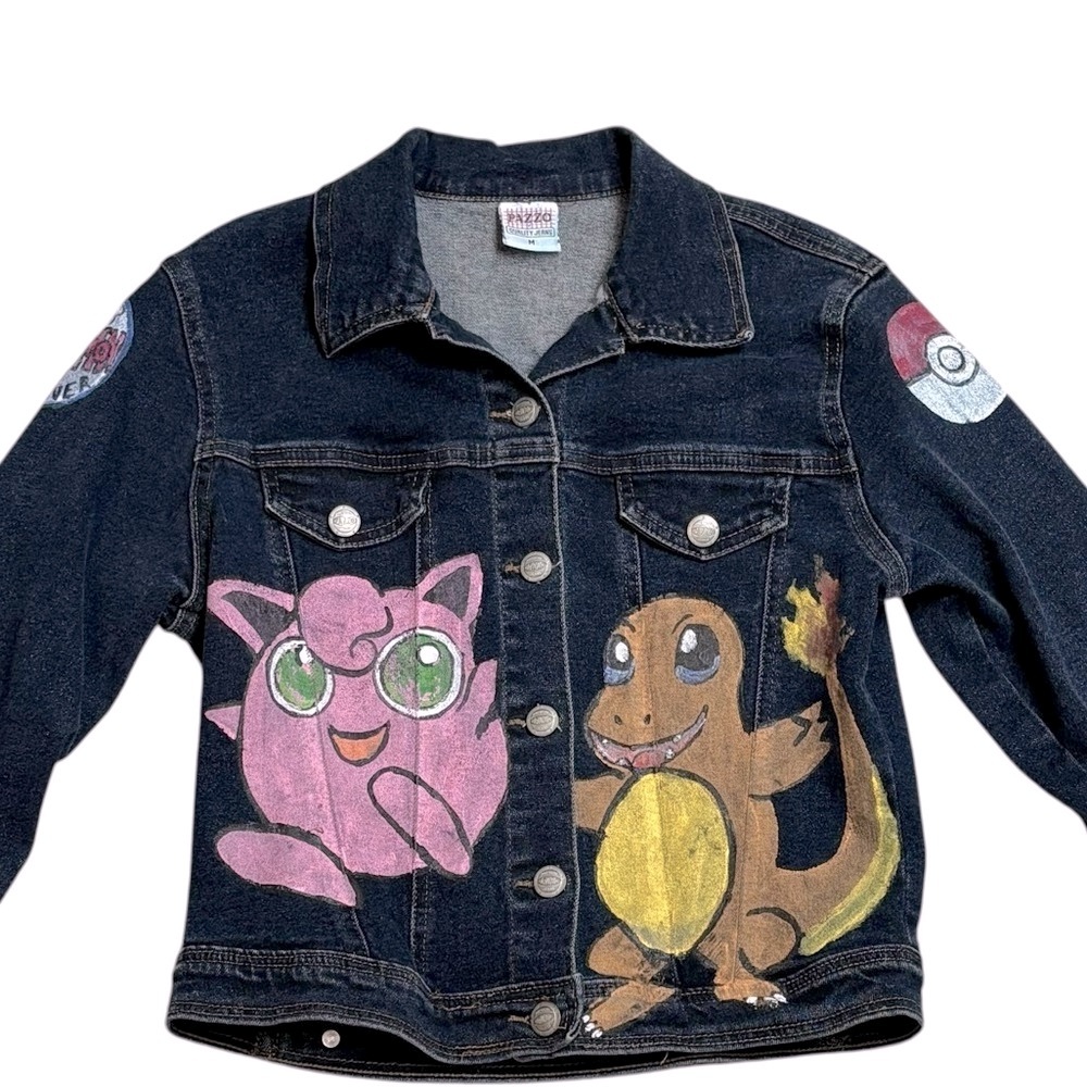 Jigglypuff Chamander Pikachu Master Pokemon Trainer Hand Painted Jean Jacket  M
